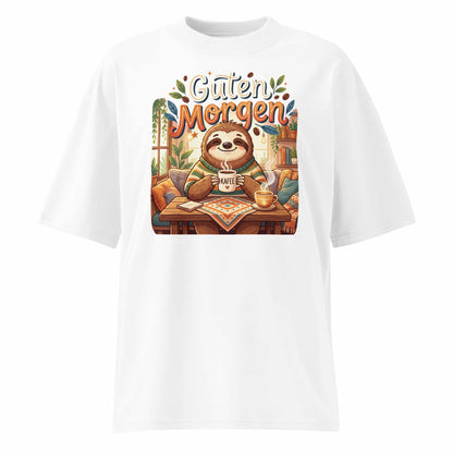 Unisex Oversized T-Shirt "Guten Morgen" in Weiß – Faultier mit Kaffee Print – 100% Bio-Baumwolle | TextilRebell