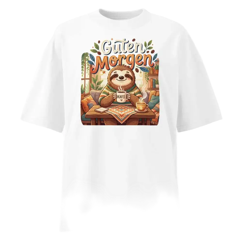 Unisex Oversized T-Shirt "Guten Morgen" in Weiß – Faultier mit Kaffee Print – 100% Bio-Baumwolle | TextilRebell