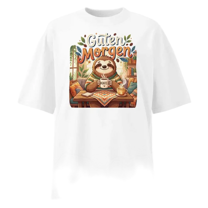 Unisex Oversized T-Shirt "Guten Morgen" in Weiß – Faultier mit Kaffee Print – 100% Bio-Baumwolle | TextilRebell
