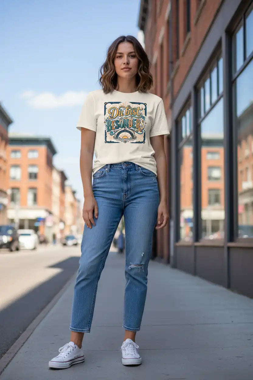  „Damen-Model trägt das Vintage-White-Bio-T-Shirt ‚Besonders‘ von TextilRebell aus 100 % Bio-Baumwolle mit 155 g/m² bei blauem Himmel.“