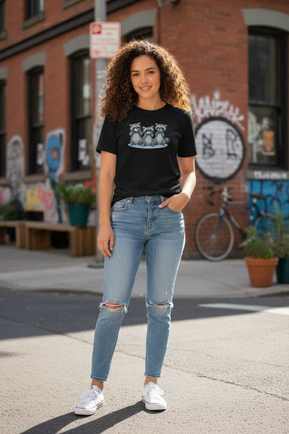 Schwarz: Damen Bio T-Shirt Waschbär Schwarz von TextilRebell – GOTS-zertifiziert, 180 g/m², nachhaltiger Streetwear-Style