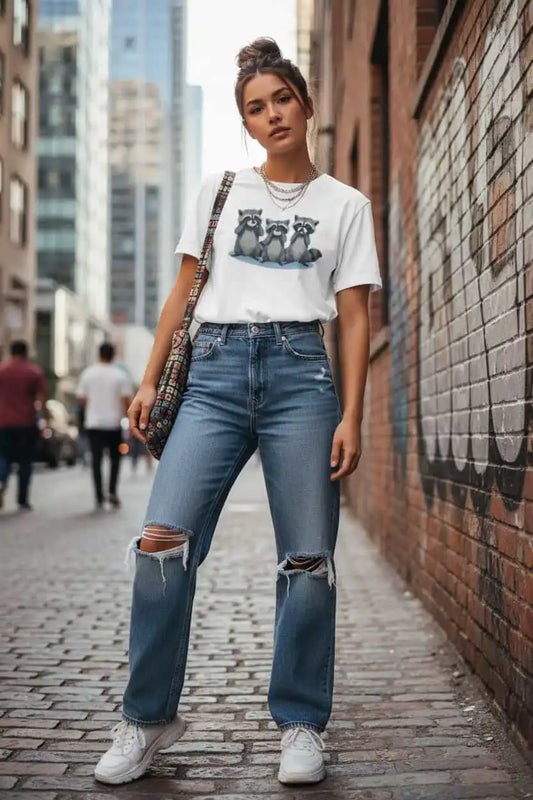 Weiß: Damen Bio T-Shirt Waschbär Weiß von TextilRebell – GOTS-zertifiziert, 180 g/m², faire Produktion