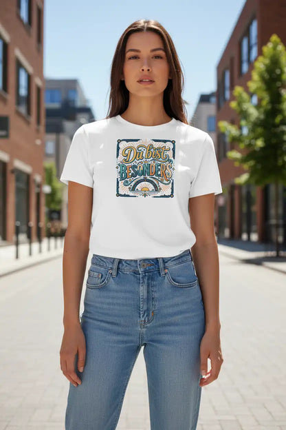 „Damen-Model trägt das weiße Bio-T-Shirt ‚Besonders‘ von TextilRebell aus 100 % Bio-Baumwolle mit 155 g/m² frontal in einer sonnigen Stadtkulisse.“