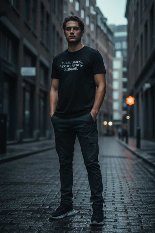 Schwarz: Herren Bio T-Shirt Widerstand Schwarz von TextilRebell – GOTS-zertifiziert, 100% Bio-Baumwolle, nachhaltiger Streetwear-Style